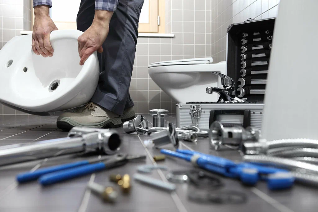 Plumbing tools prepared for a bathroom repair in New Castle