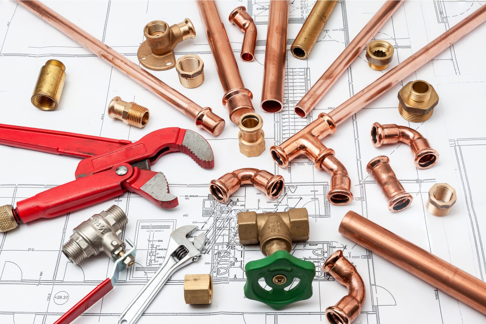 Copper pipes, fittings, valves, and plumbing tools in New Castle