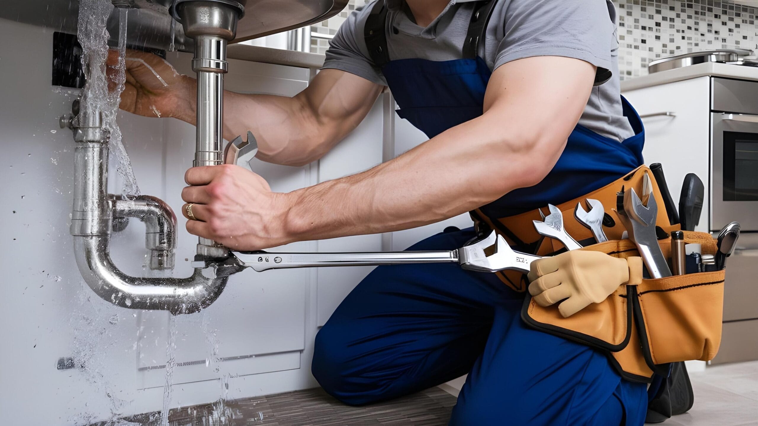 Plumber tightening a residential plumbing pipe in New Castle
