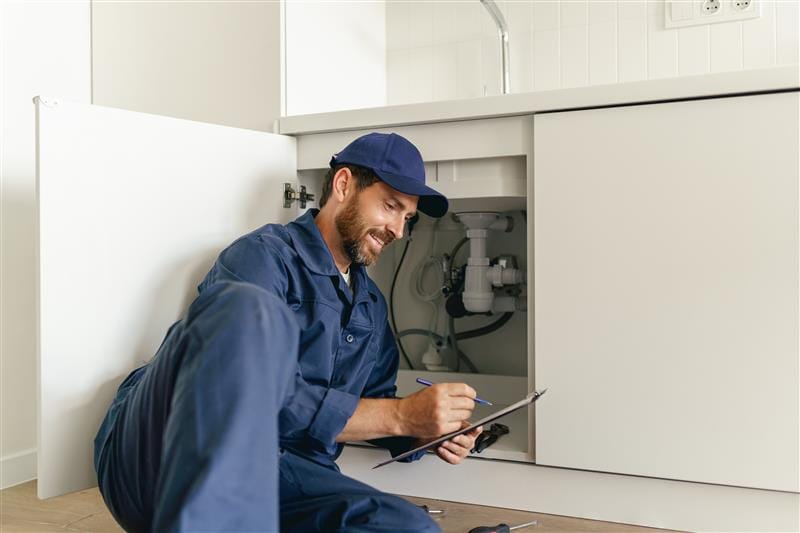 Residential plumber reviewing plumbing repairs in a New Castle kitchen