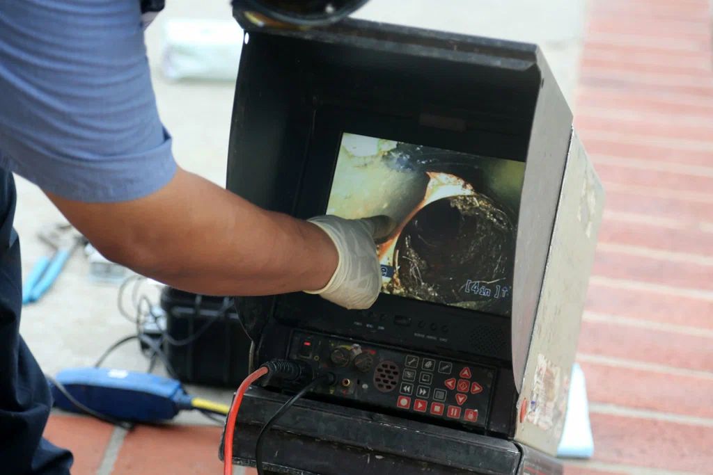 Technician viewing a drain inspection camera in New Castle