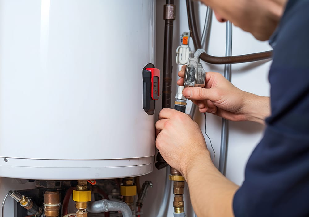 Technician repairing pipes connected to a water heater in New Castle
